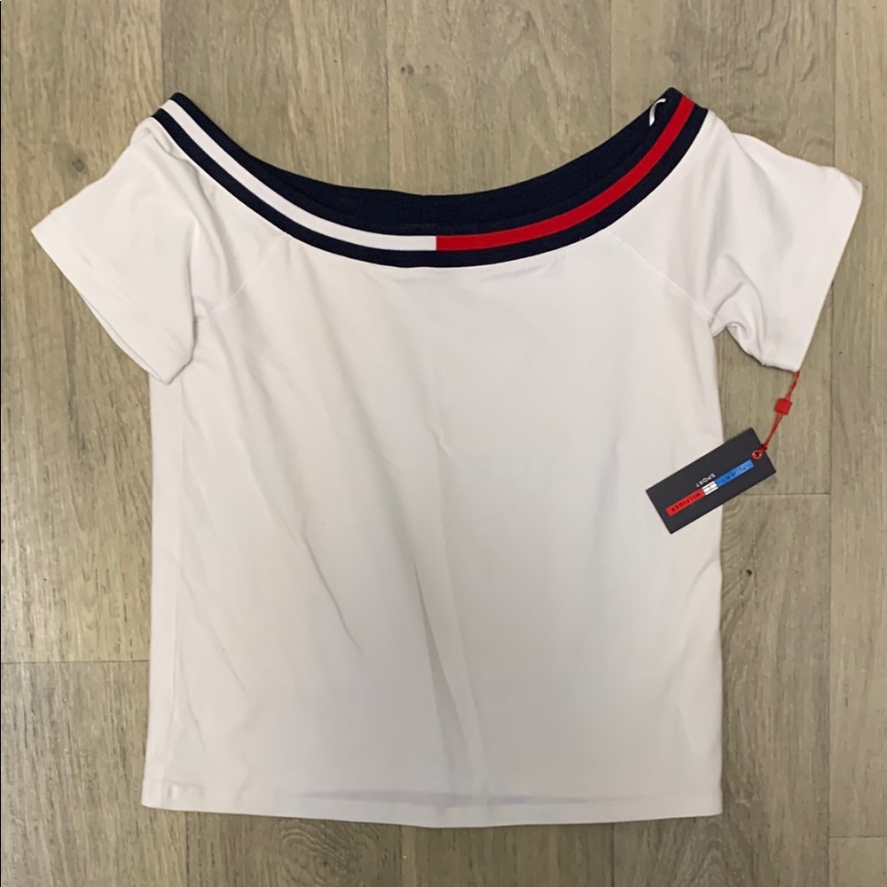 Tommy Hilfiger White and Red Off-the-Shoulder T-Shirt